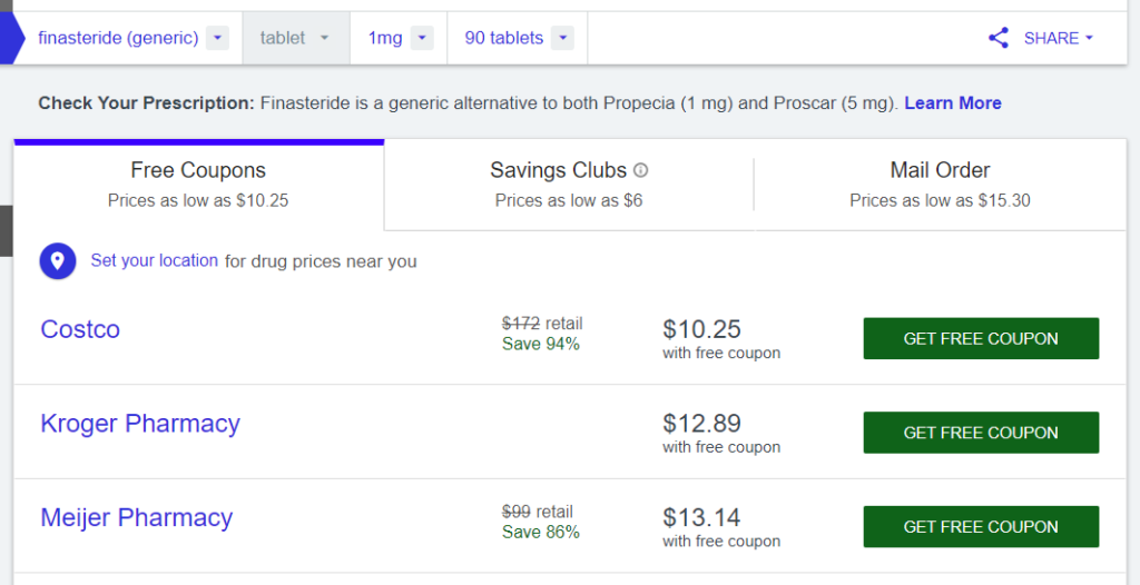 Prices for 90 Finasteride tablets at GoodRx