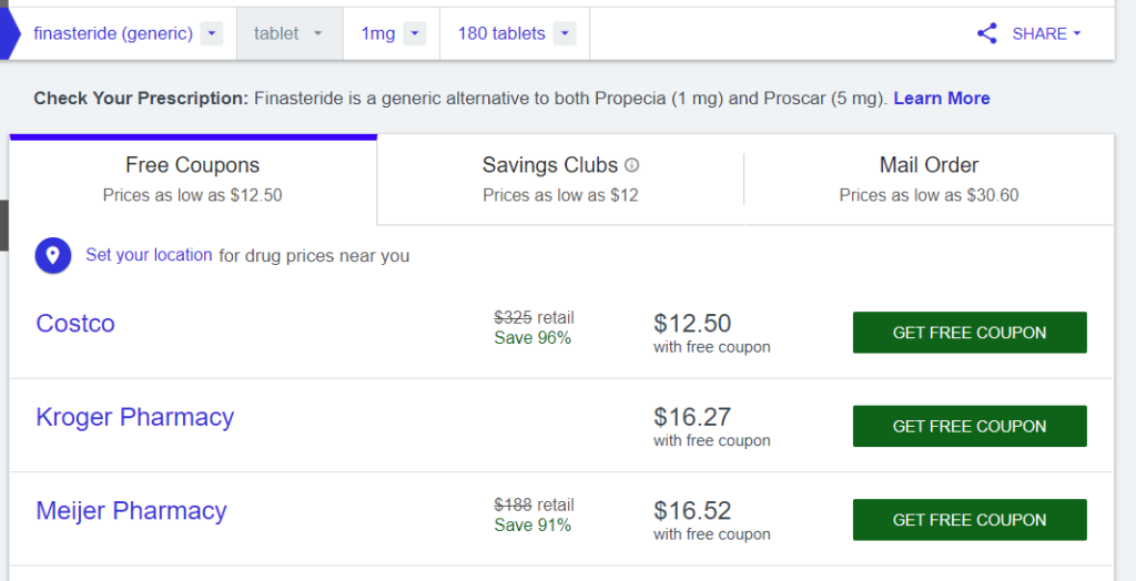 Prices for 180 Finasteride tablets at GoodRx