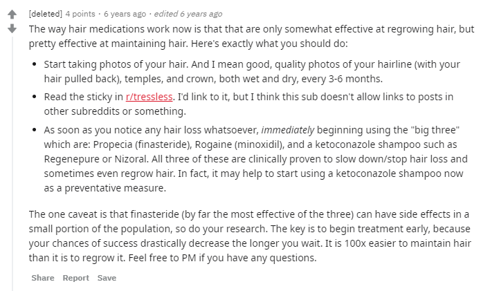 Reddit "What can I do prevent baldness before it happens?" response